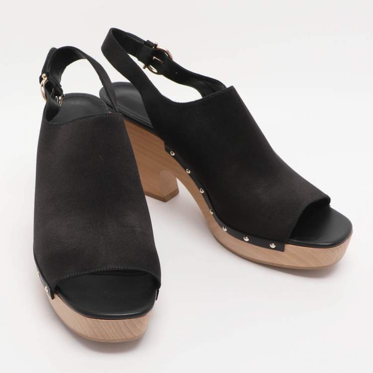 Pre Owned Salvatore Ferragamo Black Satin Wedge Slingback Sandals Size 40.5