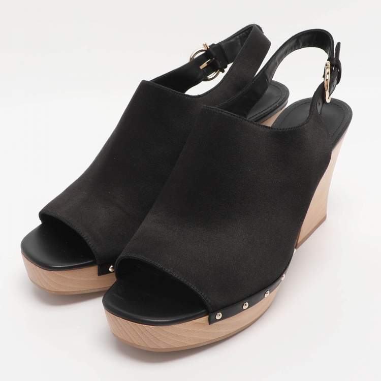 Pre Owned Salvatore Ferragamo Black Satin Wedge Slingback Sandals Size 40.5