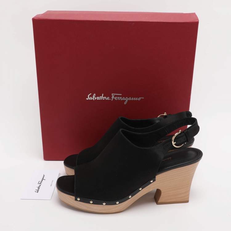 Pre Owned Salvatore Ferragamo Black Satin Wedge Slingback Sandals Size 40.5
