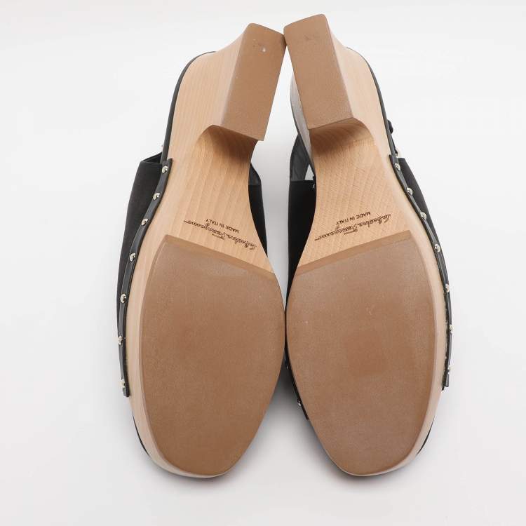 Pre Owned Salvatore Ferragamo Black Satin Wedge Slingback Sandals Size 40.5