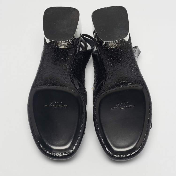 Pre Owned Salvatore Ferragamo Black Croc Embossed Leather Glorja Sandals Size 39