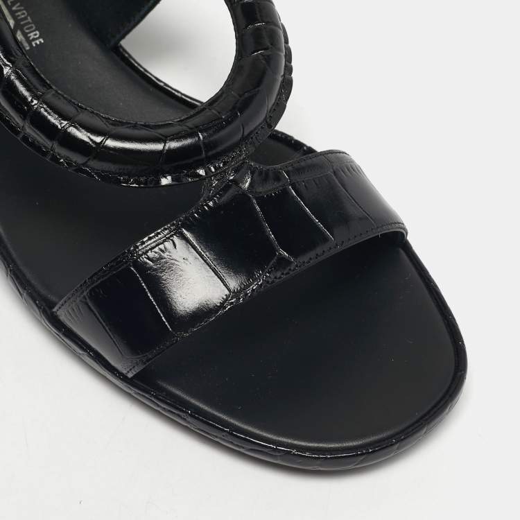 Pre Owned Salvatore Ferragamo Black Croc Embossed Leather Glorja Sandals Size 39