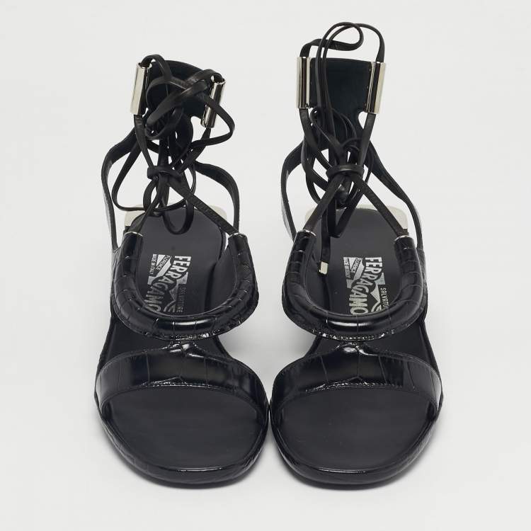 Pre Owned Salvatore Ferragamo Black Croc Embossed Leather Glorja Sandals Size 39