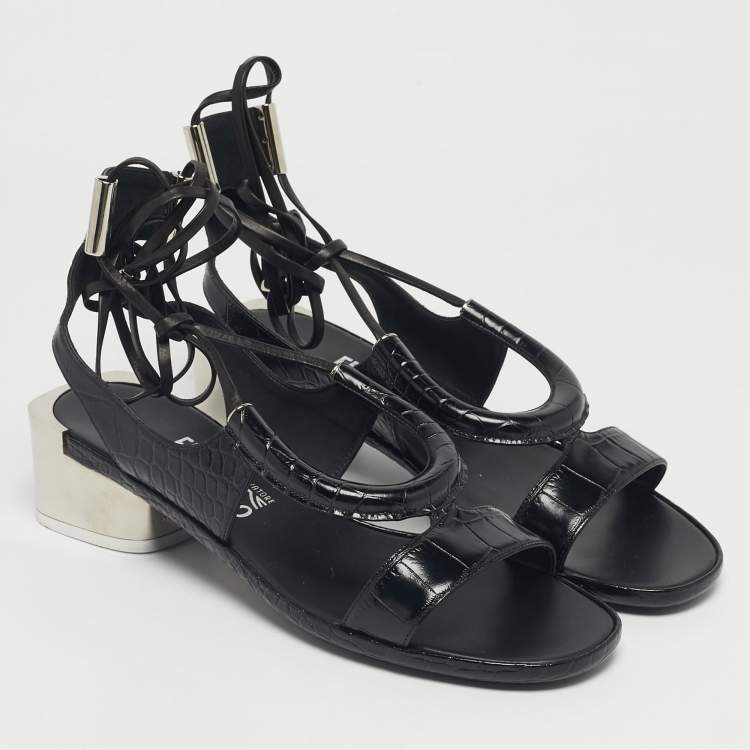 Pre Owned Salvatore Ferragamo Black Croc Embossed Leather Glorja Sandals Size 39