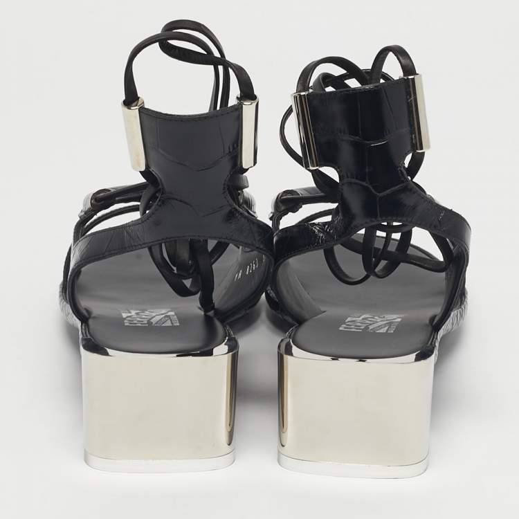 Pre Owned Salvatore Ferragamo Black Croc Embossed Leather Glorja Sandals Size 39