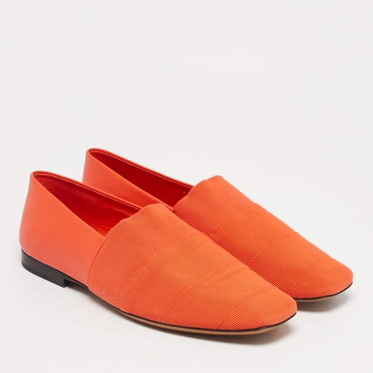Pre Owned Salvatore Ferragamo Orange Leather Panelled Grosgrain Smoking Slippers Size 38.5