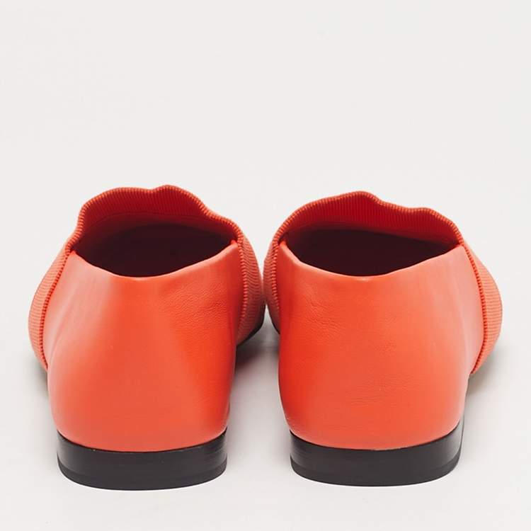 Pre Owned Salvatore Ferragamo Orange Leather Panelled Grosgrain Smoking Slippers Size 38.5