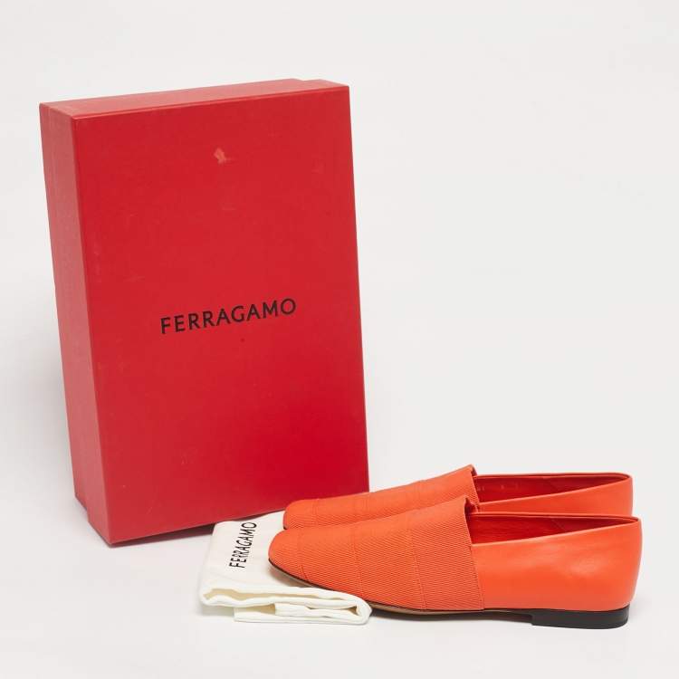 Pre Owned Salvatore Ferragamo Orange Leather Panelled Grosgrain Smoking Slippers Size 38.5