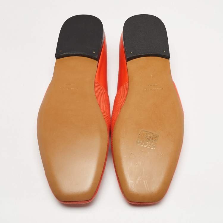 Pre Owned Salvatore Ferragamo Orange Leather Panelled Grosgrain Smoking Slippers Size 38.5