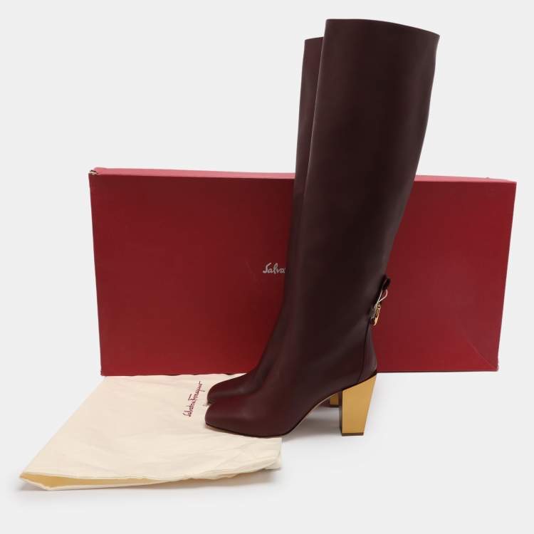 Pre Owned Salvatore Ferragamo Burgundy Leather Blavy Knee Length Boots Size 38.5