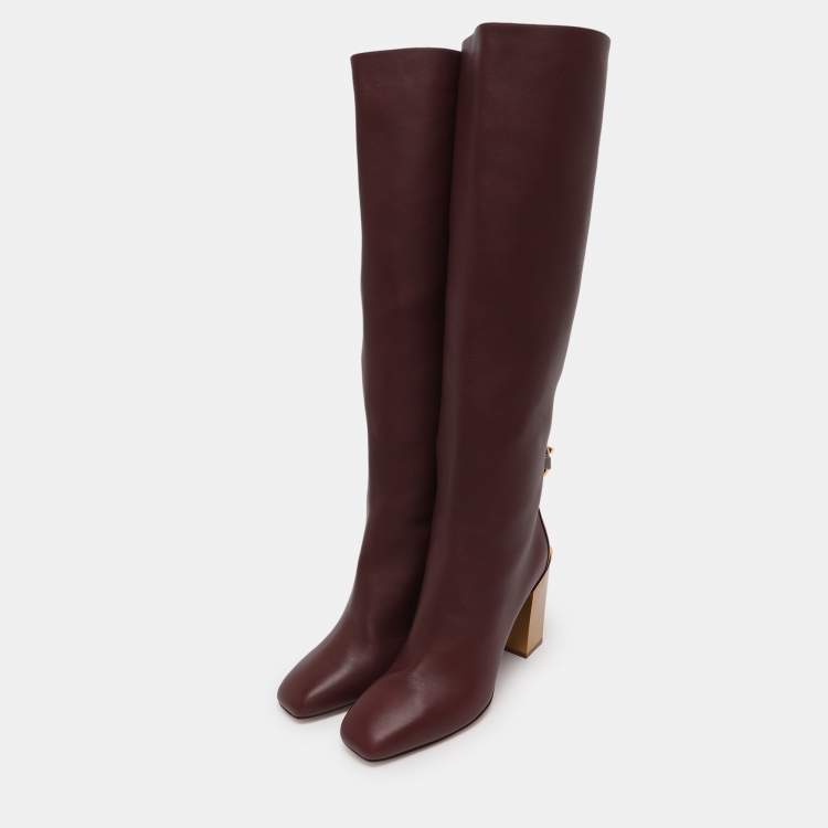 Pre Owned Salvatore Ferragamo Burgundy Leather Blavy Knee Length Boots Size 38.5