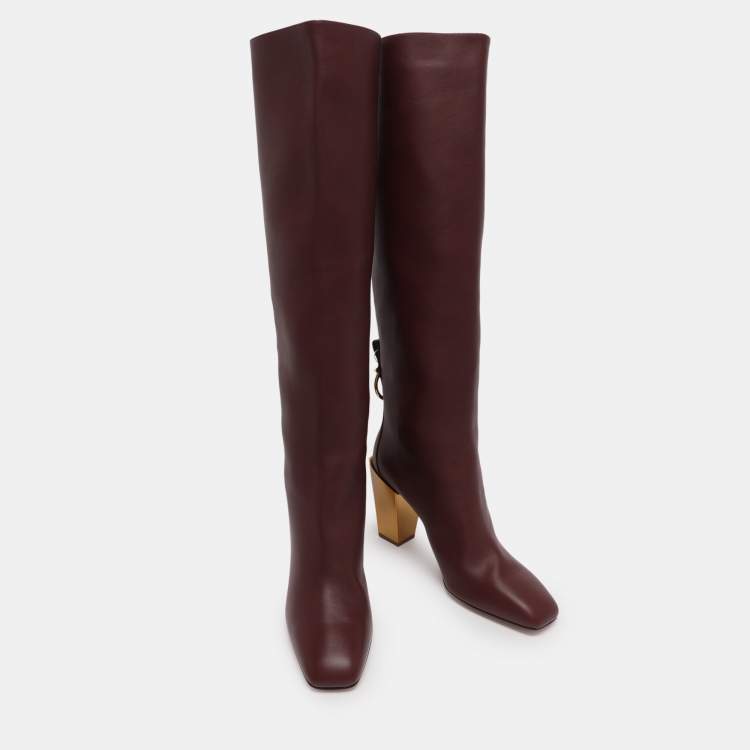 Pre Owned Salvatore Ferragamo Burgundy Leather Blavy Knee Length Boots Size 38.5