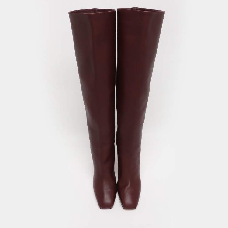 Pre Owned Salvatore Ferragamo Burgundy Leather Blavy Knee Length Boots Size 38.5