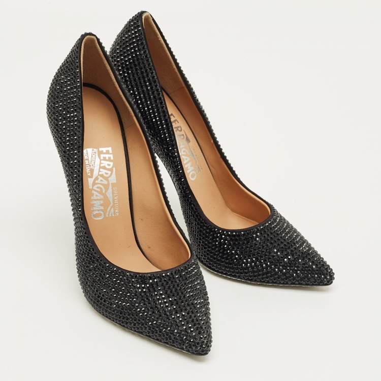 Pre Owned Salvatore Ferragamo Black Satin Crystal Embellished Pointed Toe Pumps Size 37.5