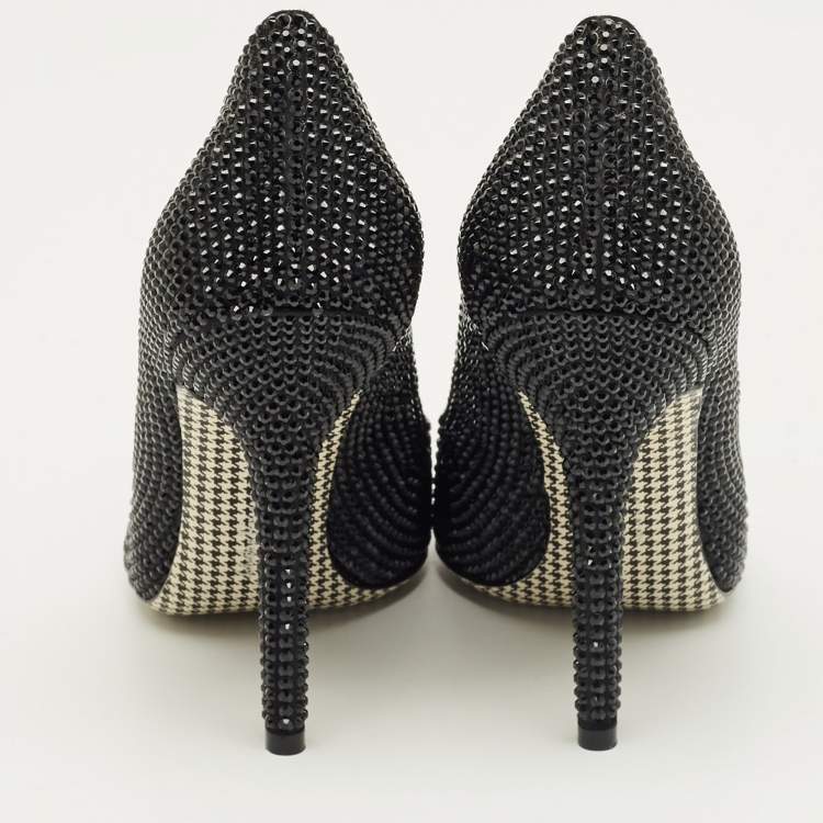 Pre Owned Salvatore Ferragamo Black Satin Crystal Embellished Pointed Toe Pumps Size 37.5