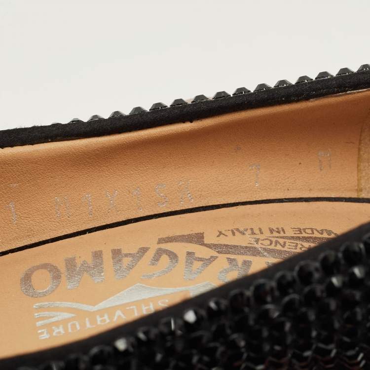 Pre Owned Salvatore Ferragamo Black Satin Crystal Embellished Pointed Toe Pumps Size 37.5