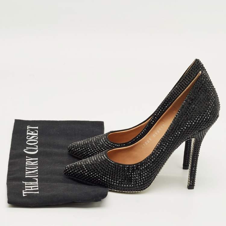 Pre Owned Salvatore Ferragamo Black Satin Crystal Embellished Pointed Toe Pumps Size 37.5