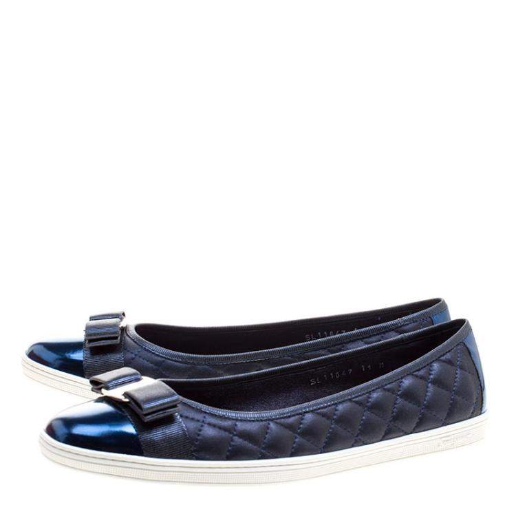Pre Owned Salvatore Ferragamo Metallic Blue Quilted Leather Rufina Sneaker Ballet Flats Size 41.5