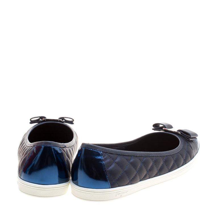 Pre Owned Salvatore Ferragamo Metallic Blue Quilted Leather Rufina Sneaker Ballet Flats Size 41.5