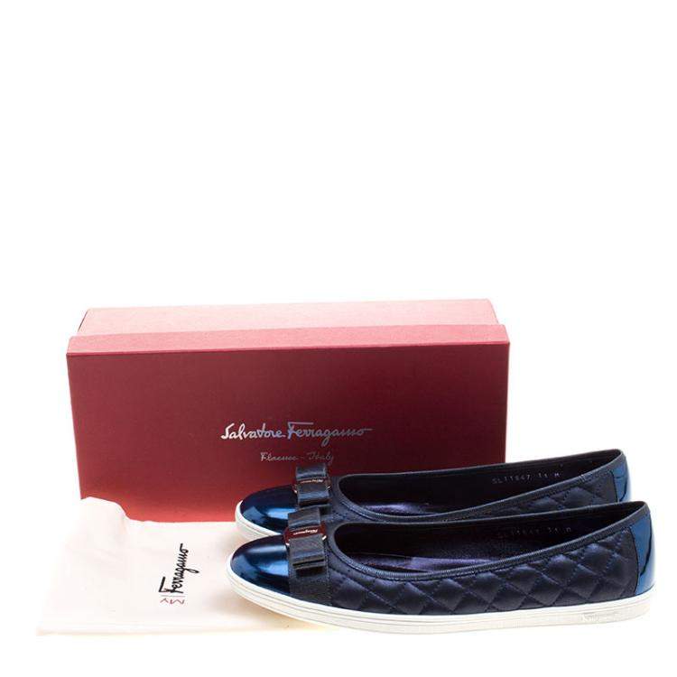 Pre Owned Salvatore Ferragamo Metallic Blue Quilted Leather Rufina Sneaker Ballet Flats Size 41.5