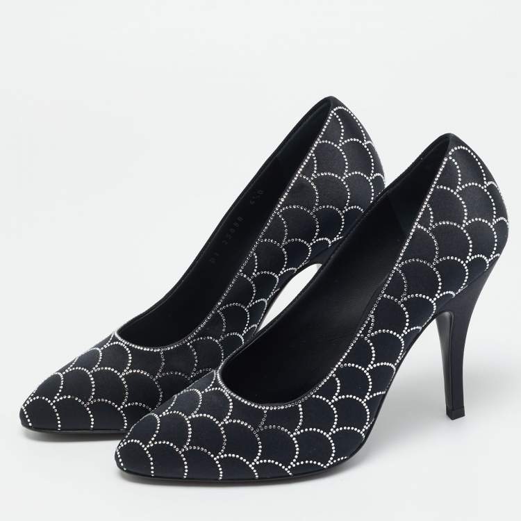 Pre Owned Salvatore Ferragamo Judy Size 37 Black Satin Crystal Embellished Pumps