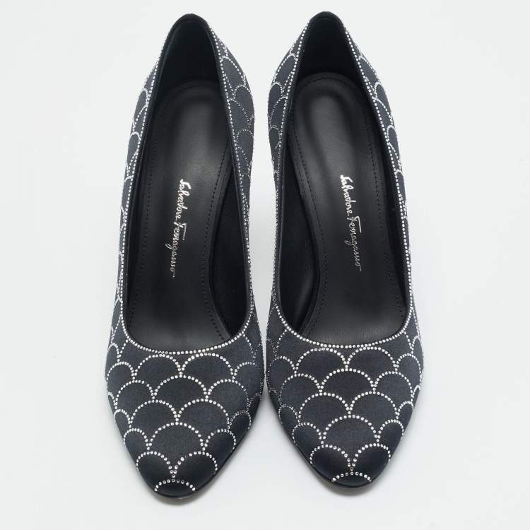 Pre Owned Salvatore Ferragamo Judy Size 37 Black Satin Crystal Embellished Pumps