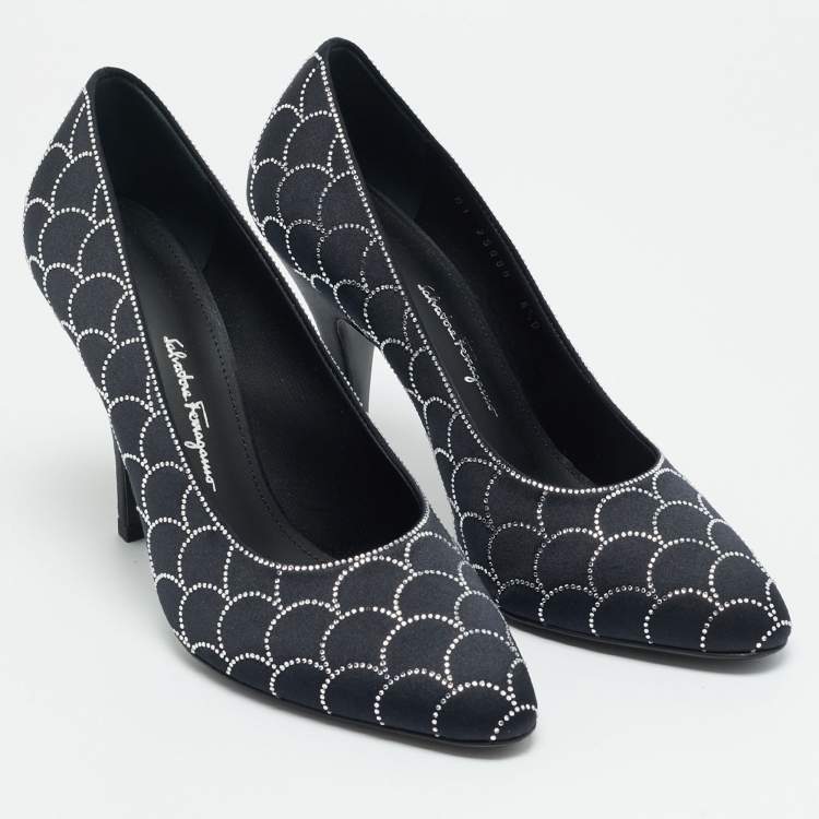 Pre Owned Salvatore Ferragamo Judy Size 37 Black Satin Crystal Embellished Pumps