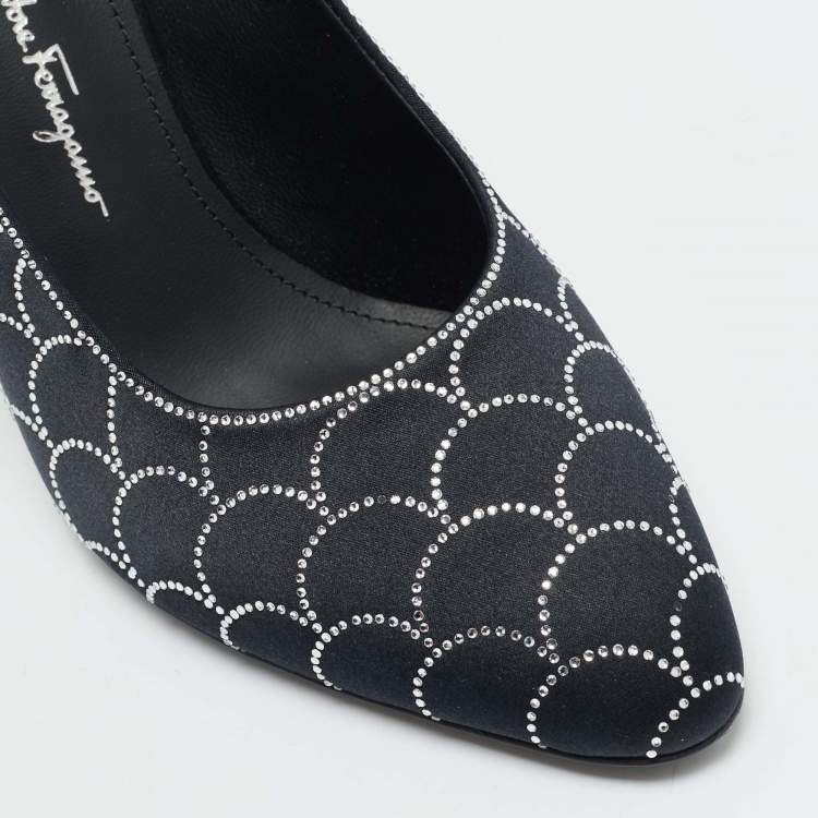 Pre Owned Salvatore Ferragamo Judy Size 37 Black Satin Crystal Embellished Pumps