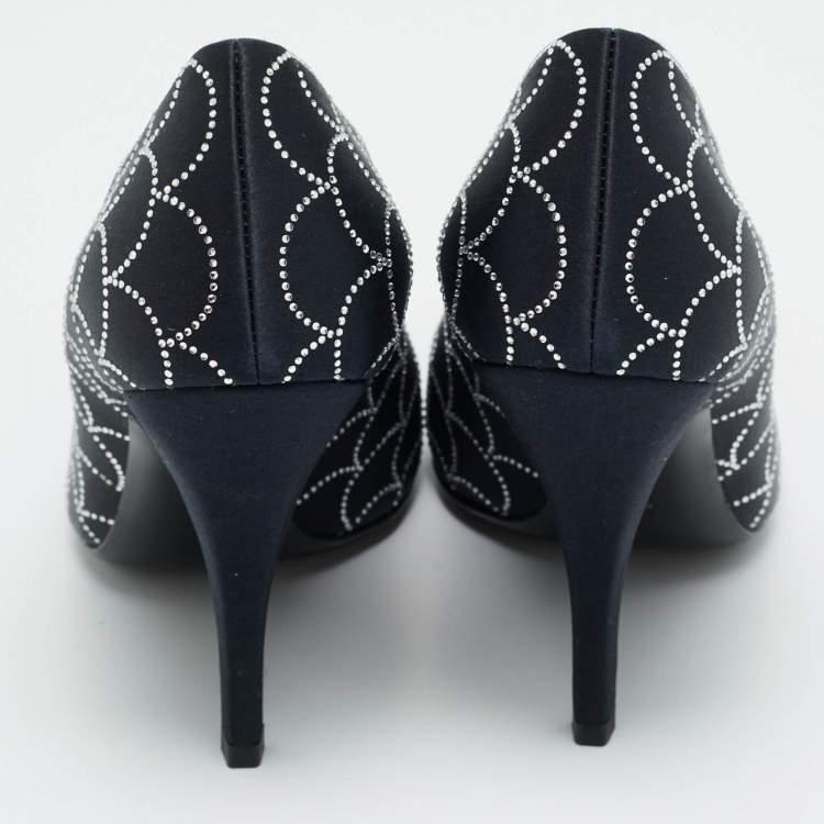 Pre Owned Salvatore Ferragamo Judy Size 37 Black Satin Crystal Embellished Pumps