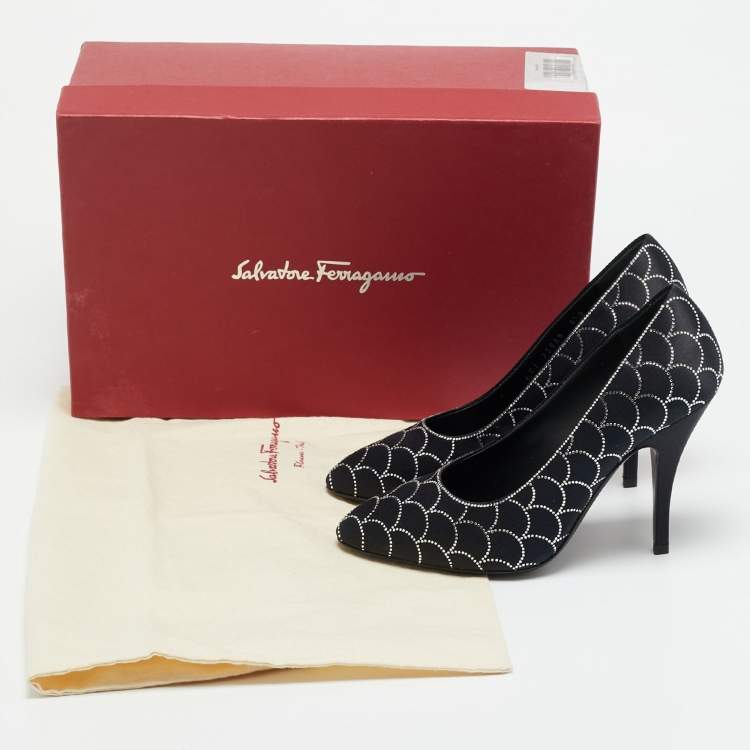Pre Owned Salvatore Ferragamo Judy Size 37 Black Satin Crystal Embellished Pumps