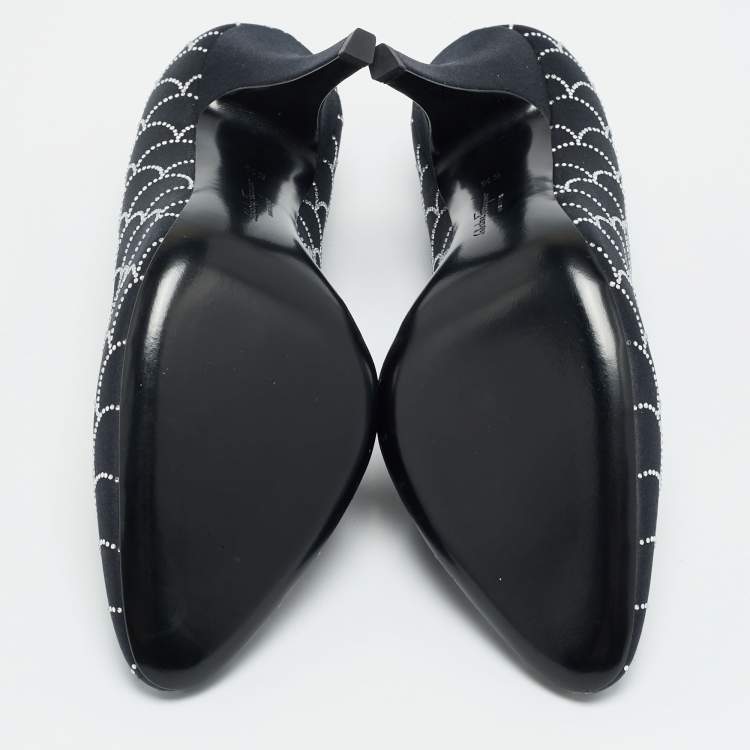 Pre Owned Salvatore Ferragamo Judy Size 37 Black Satin Crystal Embellished Pumps