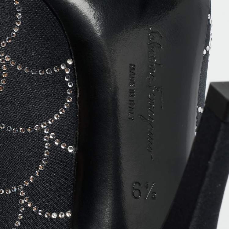 Pre Owned Salvatore Ferragamo Judy Size 37 Black Satin Crystal Embellished Pumps