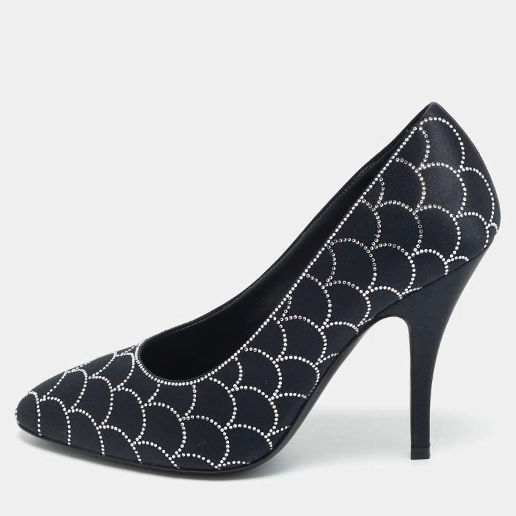 Pre Owned Salvatore Ferragamo Judy Size 37 Black Satin Crystal Embellished Pumps