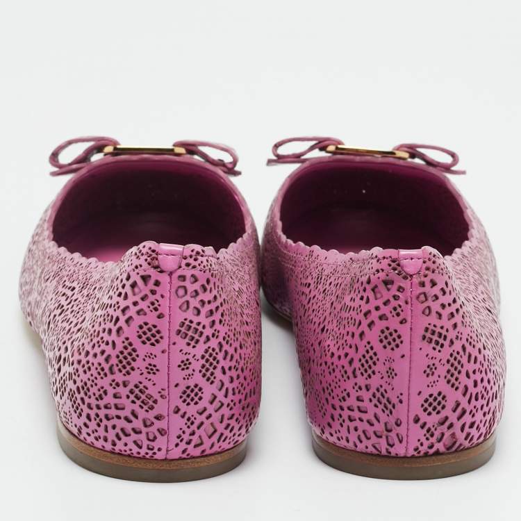 Pre Owned Salvatore Ferragamo Vara Size 40.5 Purple Leather Ballet Flats