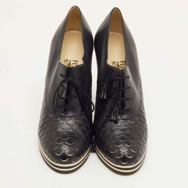 Pre Owned Salvatore Ferragamo Sirena 1938 Limited Edition Size 39 Black Leather Oxford Booties