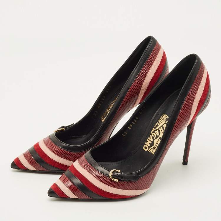 Pre Owned Salvatore Ferragamo Farida Size 38.5 Multicolor Lizard Embossed Leather and Suede Pumps