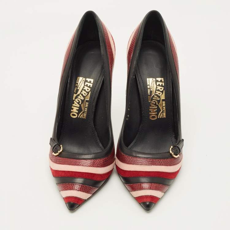 Pre Owned Salvatore Ferragamo Farida Size 38.5 Multicolor Lizard Embossed Leather and Suede Pumps