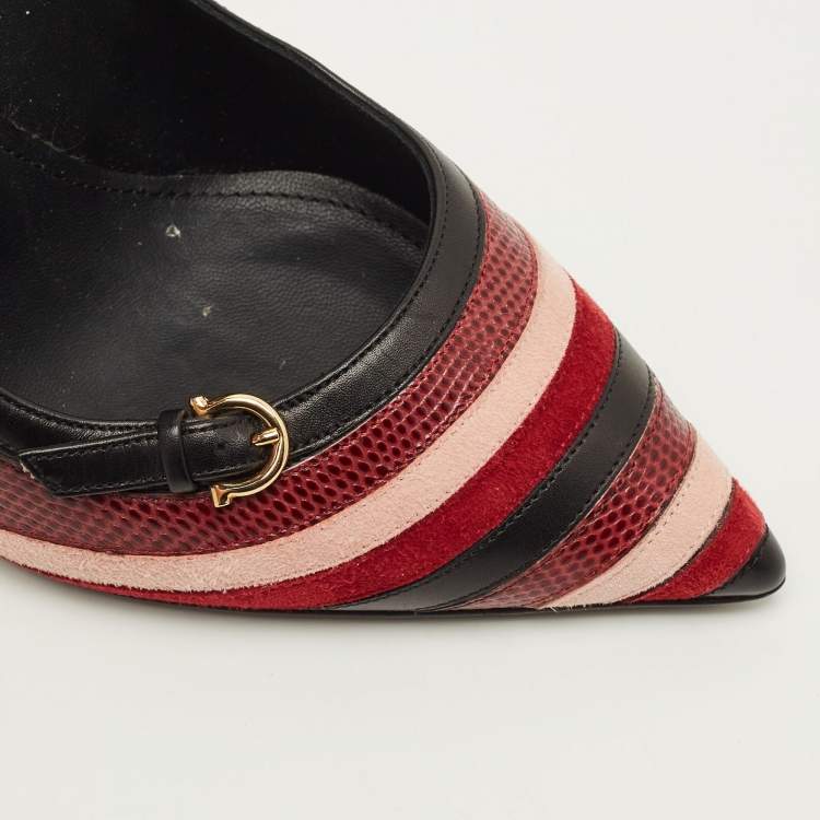 Pre Owned Salvatore Ferragamo Farida Size 38.5 Multicolor Lizard Embossed Leather and Suede Pumps