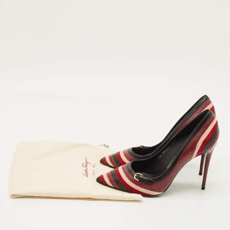 Pre Owned Salvatore Ferragamo Farida Size 38.5 Multicolor Lizard Embossed Leather and Suede Pumps