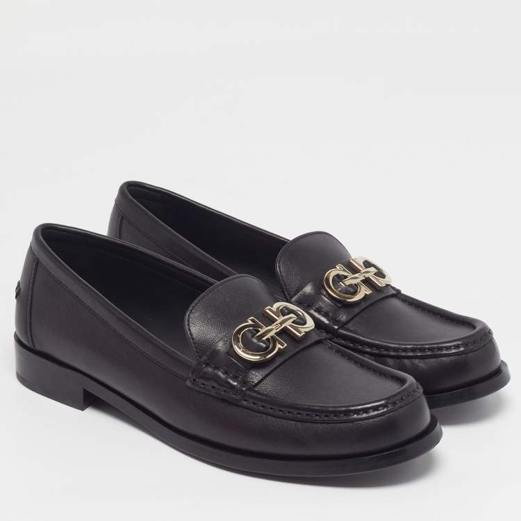 Pre Owned Salvatore Ferragamo Gancini Size 39 Black Leather Slip On Loafers