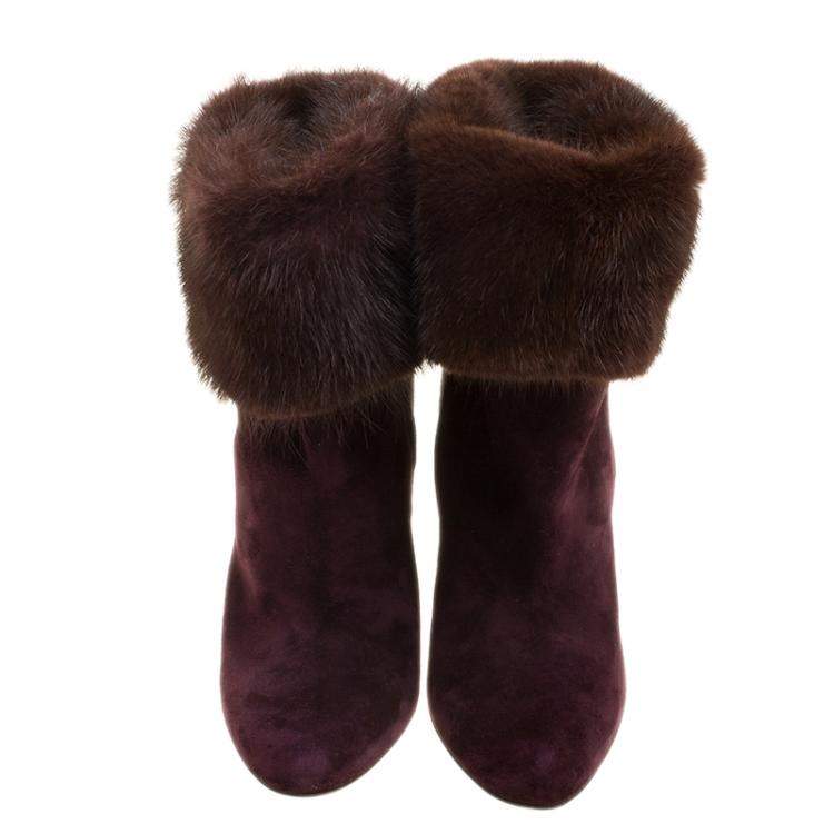 Pre Owned Salvatore Ferragamo Burgundy Suede Loris Fur Trim Ankle Boots Size 38.5
