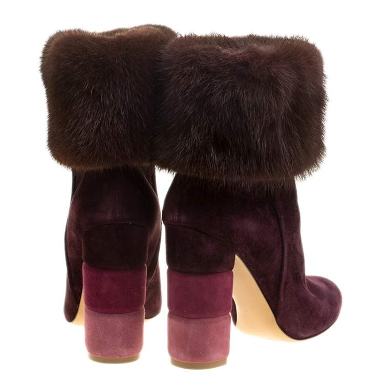 Pre Owned Salvatore Ferragamo Burgundy Suede Loris Fur Trim Ankle Boots Size 38.5