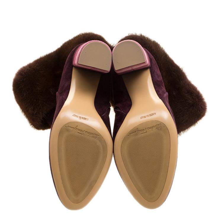 Pre Owned Salvatore Ferragamo Burgundy Suede Loris Fur Trim Ankle Boots Size 38.5