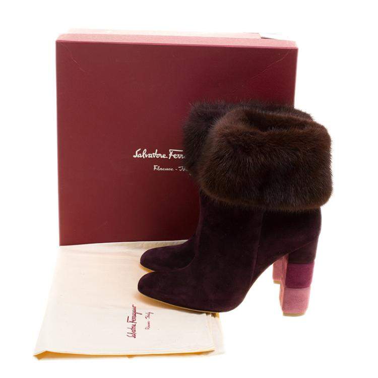 Pre Owned Salvatore Ferragamo Burgundy Suede Loris Fur Trim Ankle Boots Size 38.5