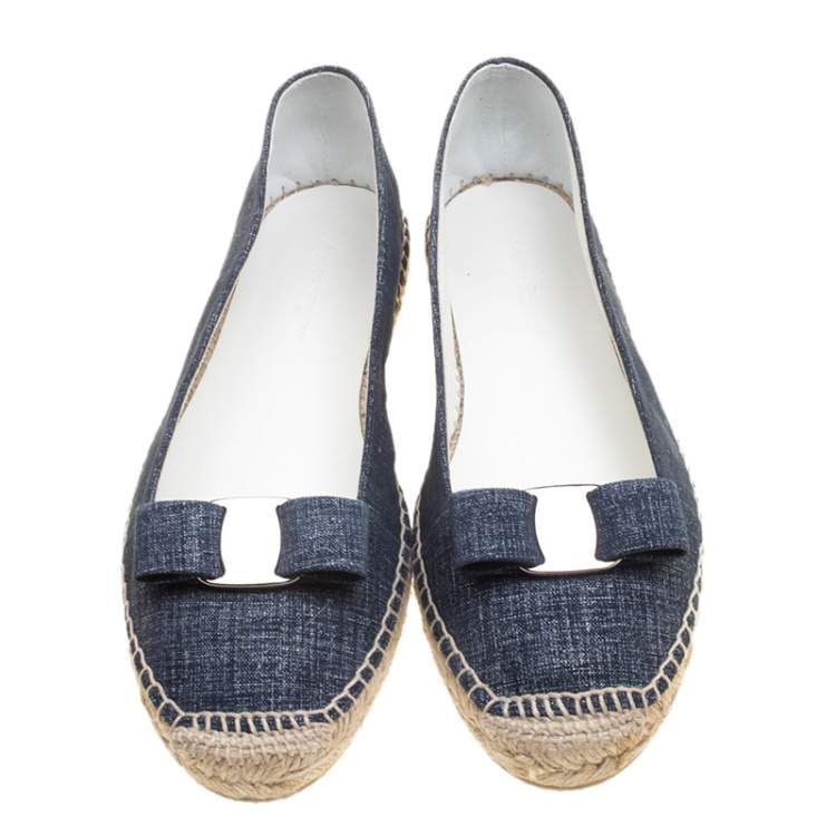Pre Owned Salvatore Ferragamo Mandy Denim Printed Suede Espadrille Flats Size 40.5