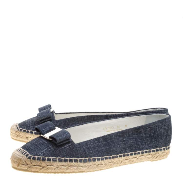 Pre Owned Salvatore Ferragamo Mandy Denim Printed Suede Espadrille Flats Size 40.5