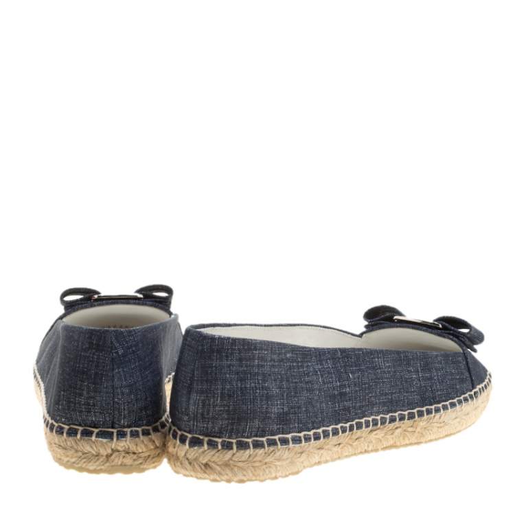 Pre Owned Salvatore Ferragamo Mandy Denim Printed Suede Espadrille Flats Size 40.5