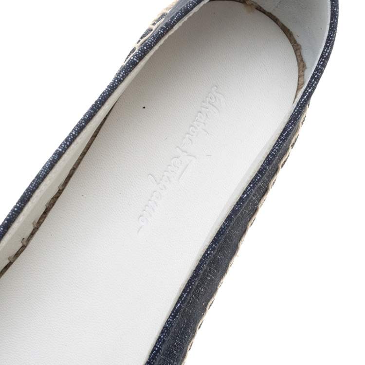 Pre Owned Salvatore Ferragamo Mandy Denim Printed Suede Espadrille Flats Size 40.5