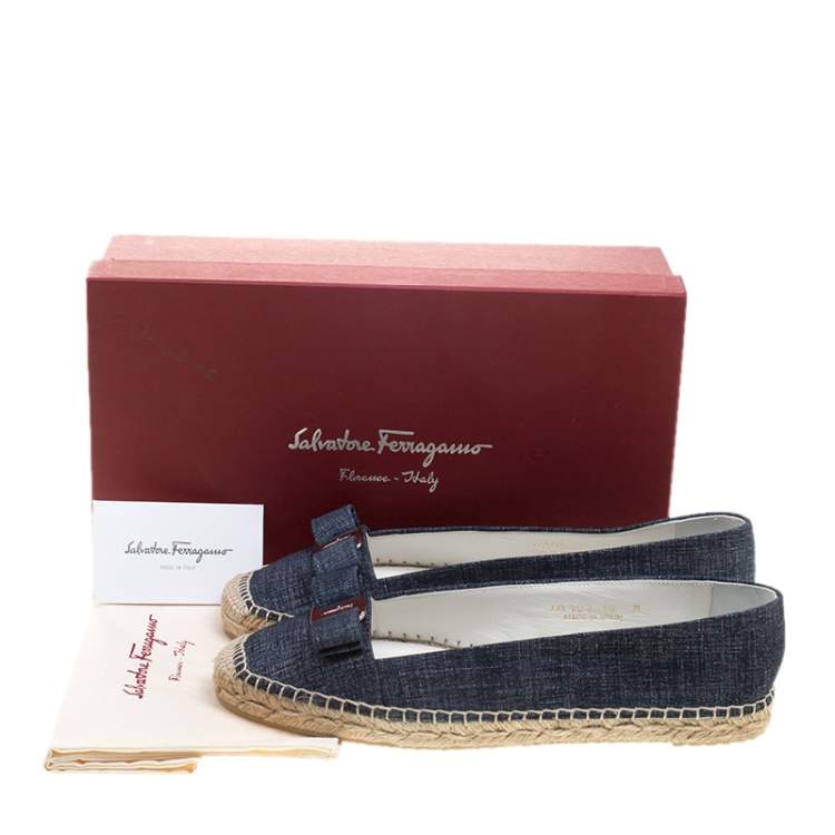 Pre Owned Salvatore Ferragamo Mandy Denim Printed Suede Espadrille Flats Size 40.5
