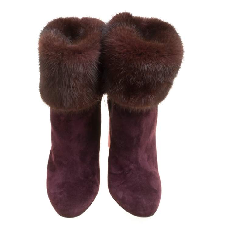 Pre Owned Salvatore Ferragamo Burgundy Suede Loris Fur Trim Ankle Boots Size 37.5